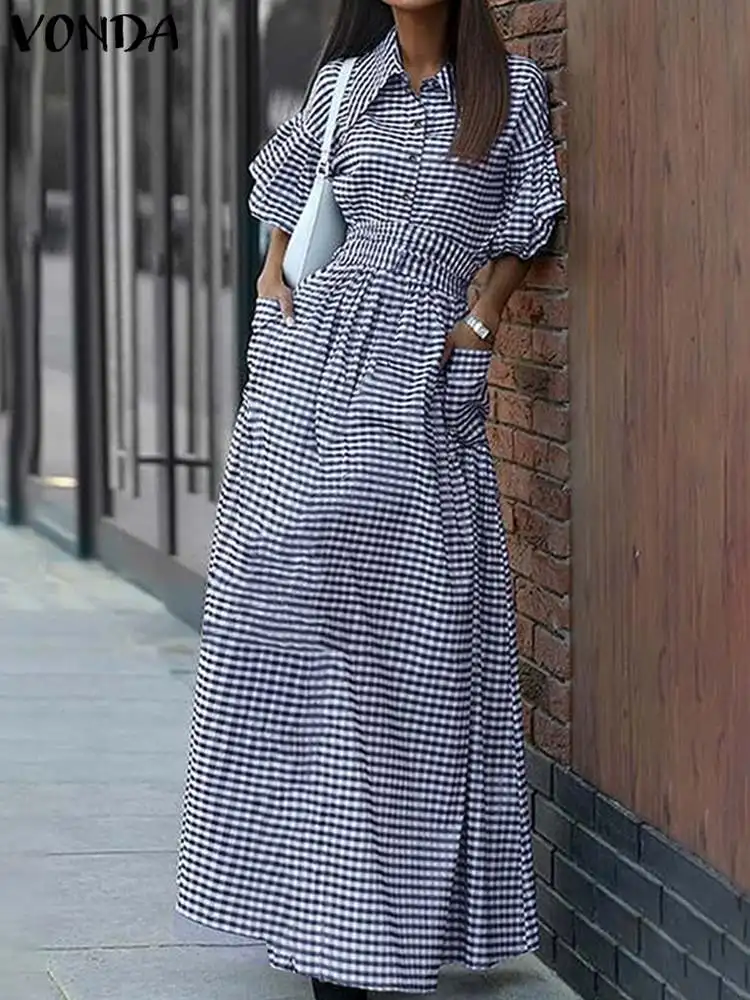 

VONDA Summer Women Dress 2024 Half Flare Sleeve Party Elegant Plaid Maxi Sundress Lapel Pockets Bohemian Printed Long Vestido