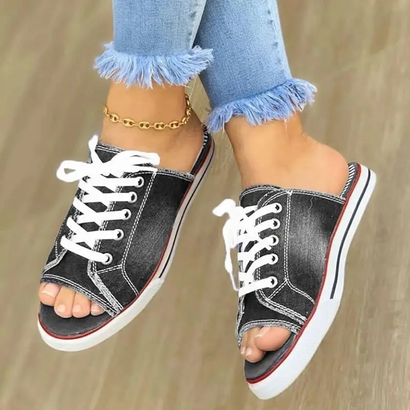 Women Sandals Women Flats Comfortable Sandals Fashion Women Canvas Sandals Breathable Summer Slippers Lace Up Open Toe Ladies Faux Denim Flat Shoes Zapatos Mujer