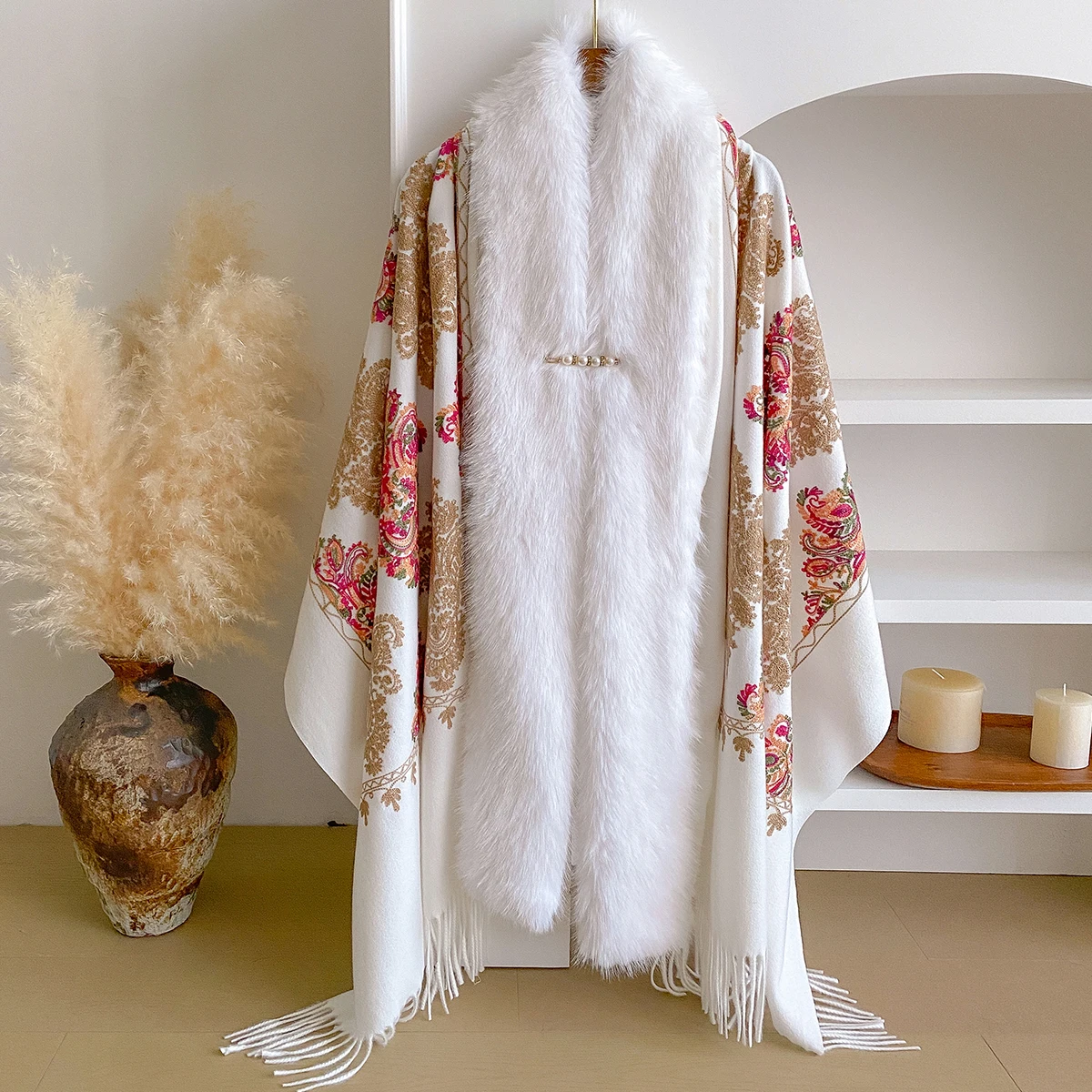 Elegant Embroidery Style Faux Fur Cape Women Winter Knit Jacquard Shawl Coat Party Dress Wraps Cloak Thicken Fleece
