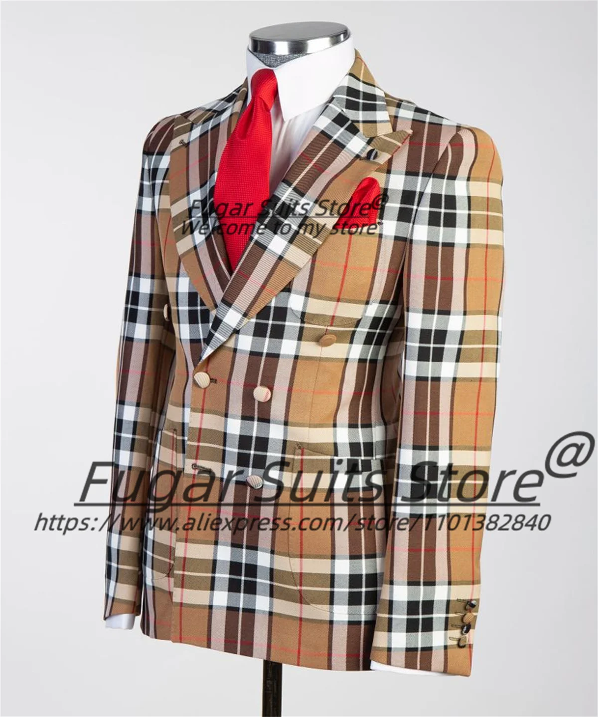 Italian Style Plaid Men Suits Business Male Blazers Slim Fit Double Breasted Groom Tuxedos 2 Pieces Sets Fashion Costume