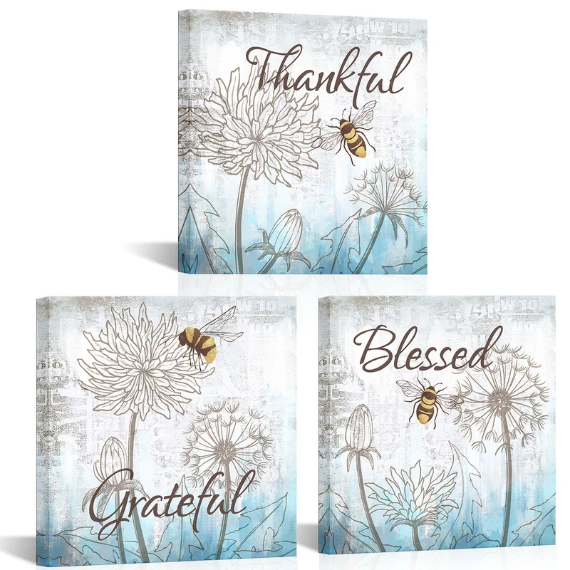 

3 Pieces Bee on Flowers Wall Art Posters Abstract Flowers Print Canvas Painting Modern Style Pictures Living Room Home Decor