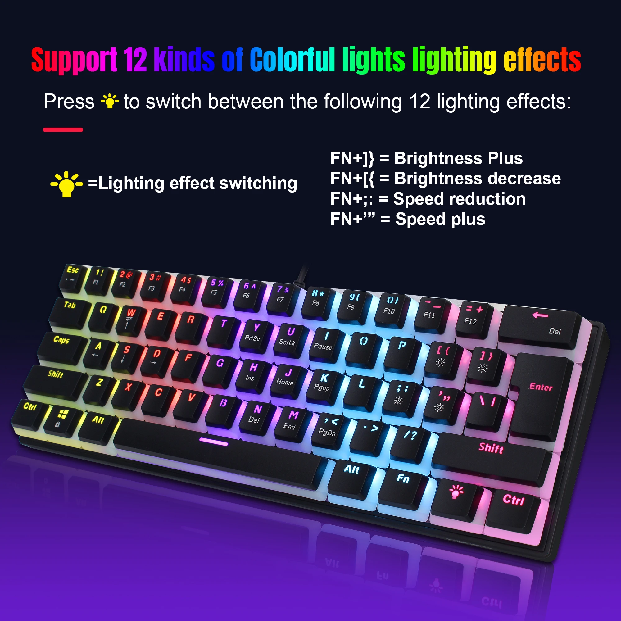 61 Keys Wired Mechanical Keyboard Blue Switch Two-color Injection Pudding Key Cap RGB Backlight For Game Office Home - 3