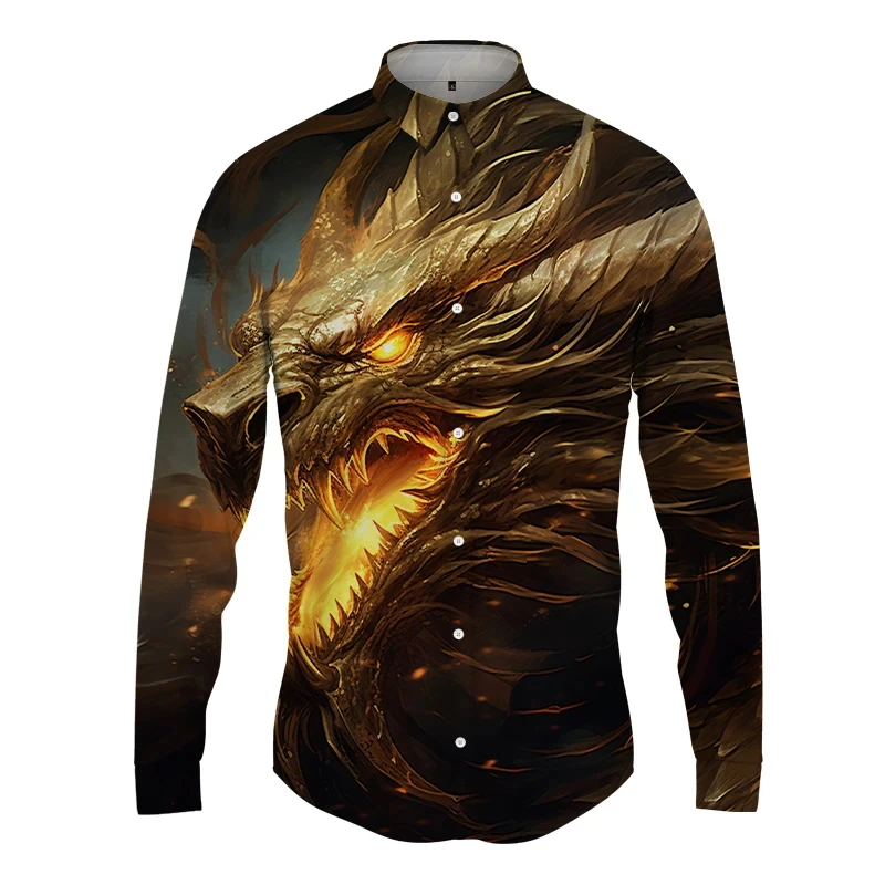 thumbnail image 1 of Nueva ropa de calle para hombre, moda de primavera y otoño, camisa con estampado de dragón 3D y botones para hombre, camisa hawaiana de manga larga para hombre, 1 of 5