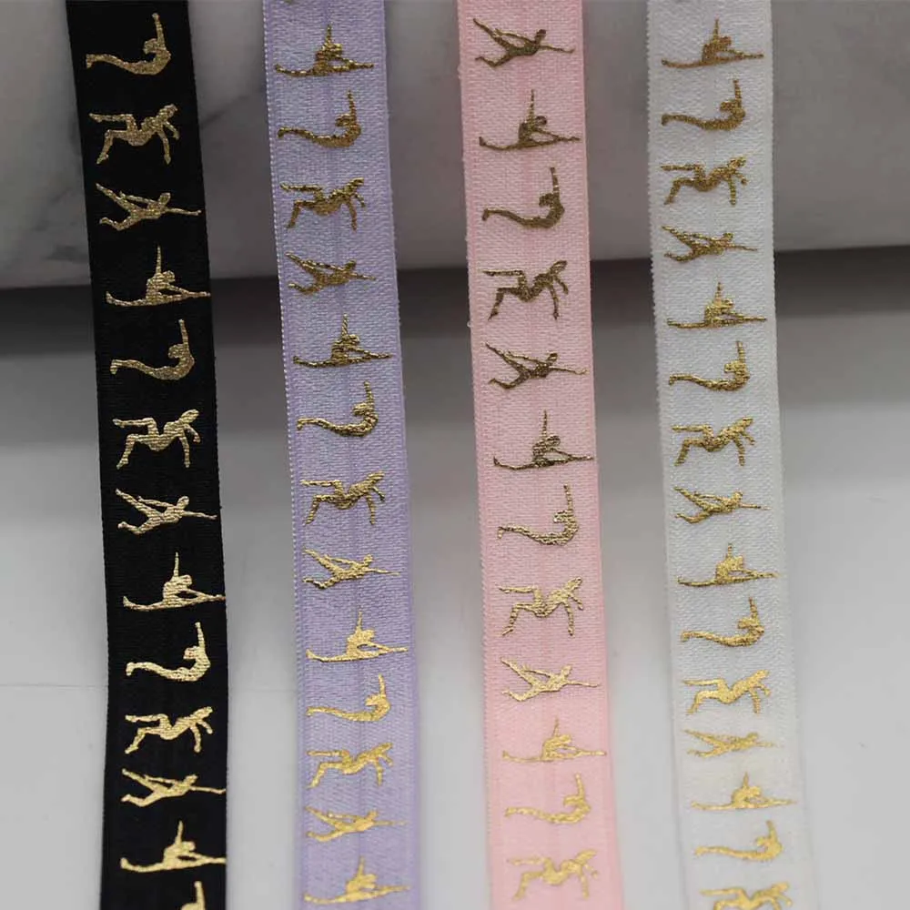 5/8" 15MM Gold Foil Female Gymnasts Printed Fold Over Elastic Band Gymnastics FOE Ribbon For DIY Knot Ties Hair Accessories