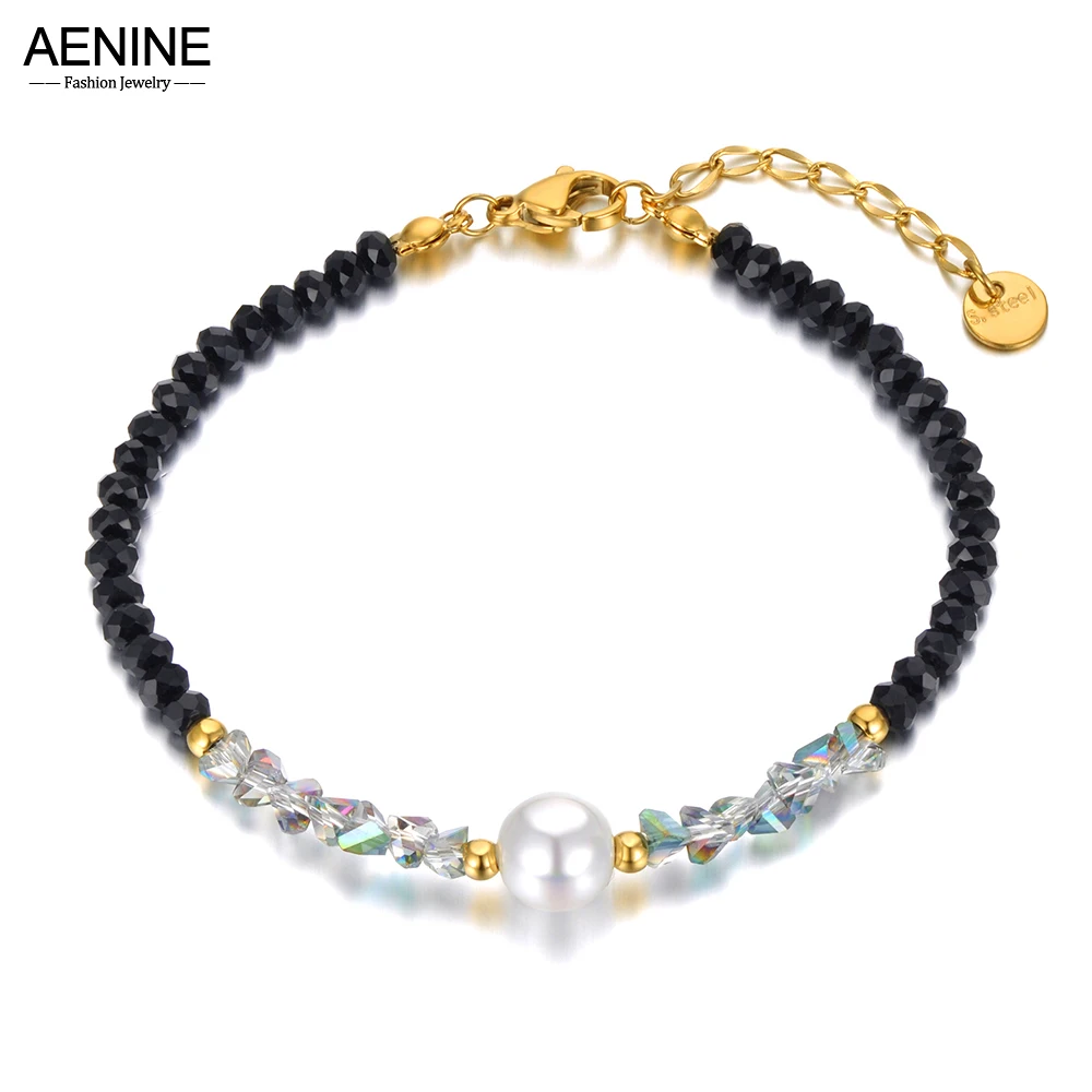 AENINE New Stainless Steel Black Crystal Strand Bracelet Trendy 18K Gold Plated White Pearl Charm Bracelet For Women AB22045