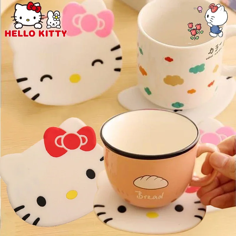 Hello Kitty Coasters Cute Cartoon Cat Head Insulated Kawaii Silica Gel Coasters Hot Drink Holder Cup Holder Kitchen Accessories silica gel coasters