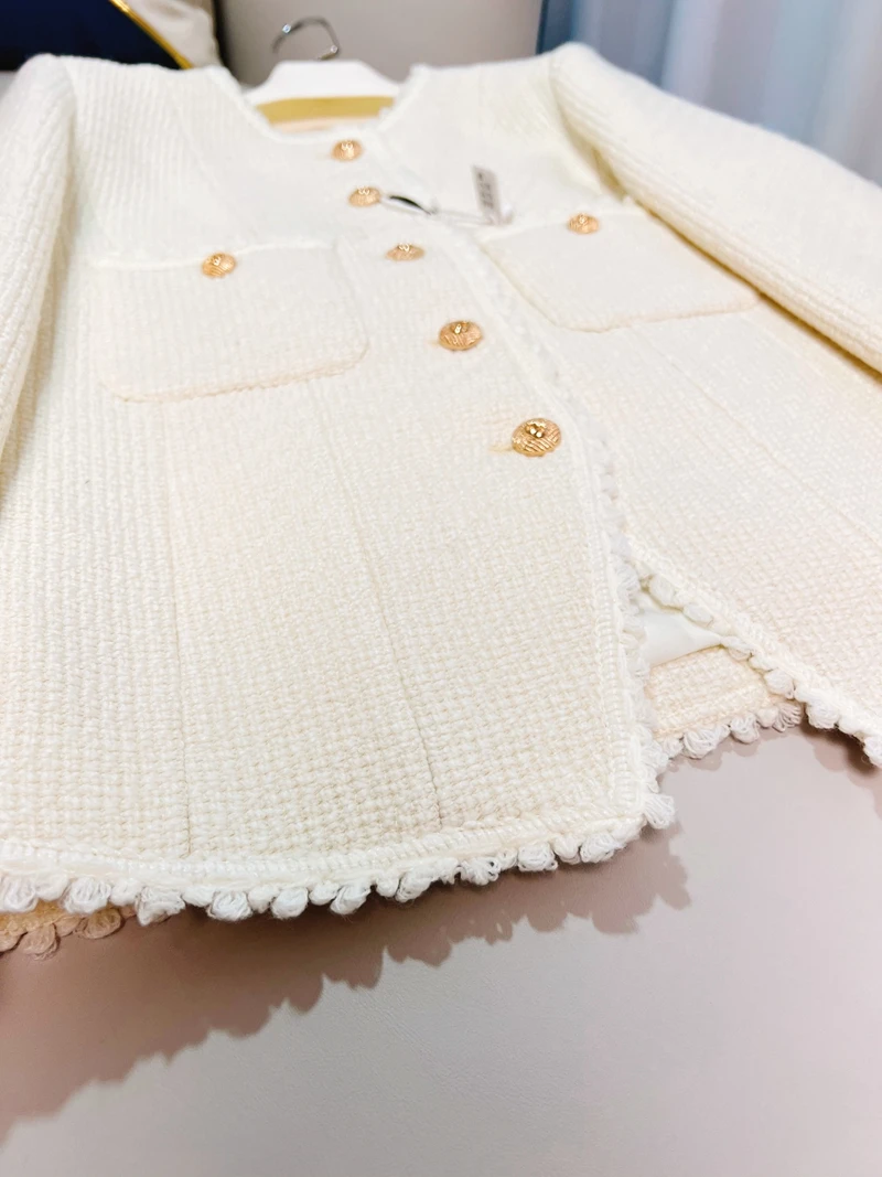 White Tweed Jacket for Women, Basic Wool Coat for Ladies