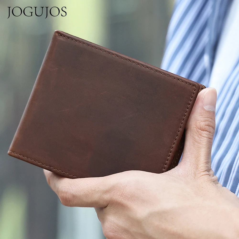 

JOGUJOS Vintage Crazy Horse Leather Men Wallets Credit Card Holder Wallet RFID Driver License Photo Purse Casual Short Wallet