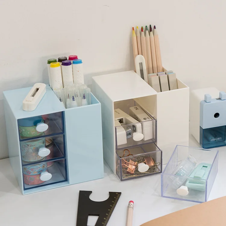 

Ins Pen Holder Storage Organizer Boxes with Drawer Cosmetic Rack Kawaii Desk Accessories Girls Office School Desktop Stationery