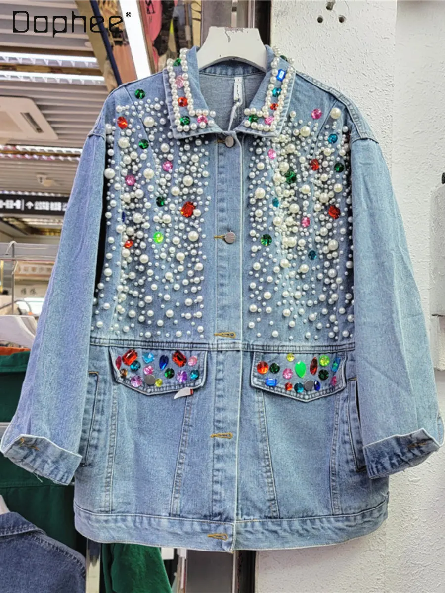 

Heavy Industry Colorful Crystals Bead Long Sleeve Denim Coat for Women Trendy 2023 Spring New Light Blue Cropped Jacket Female