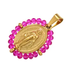 Elegant Virgin Mary Pendant Necklace | Stainless Steel Pearl Beaded Choker in Gold and Rainbow Tones (Gold Rose)