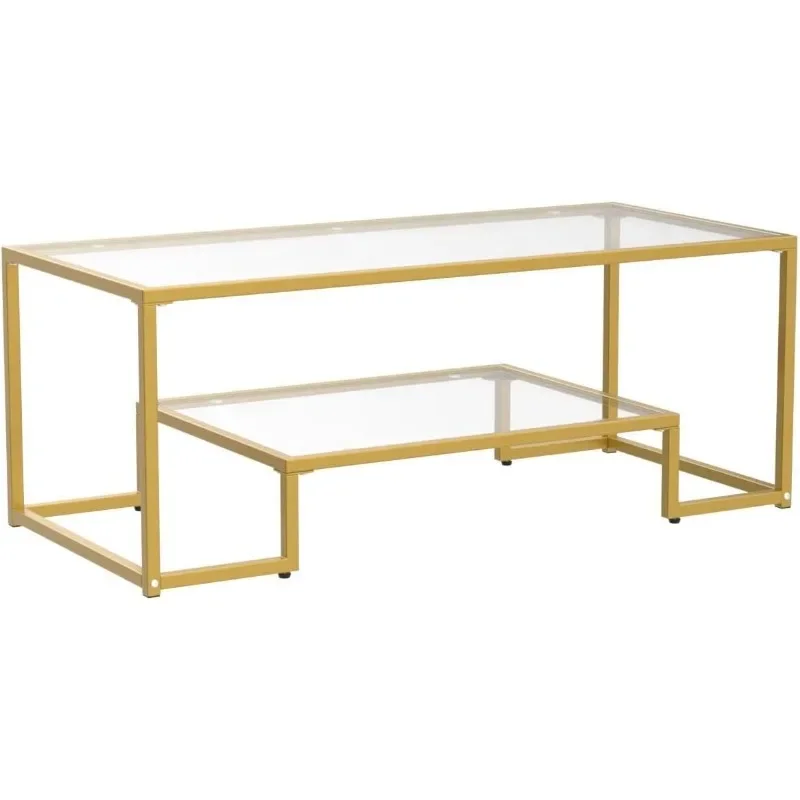 Golden Metal Glass Coffee Table - Two-Tiered with Tempered Glass, Stylish Metal Frame Coffee Table for Bedroom 4