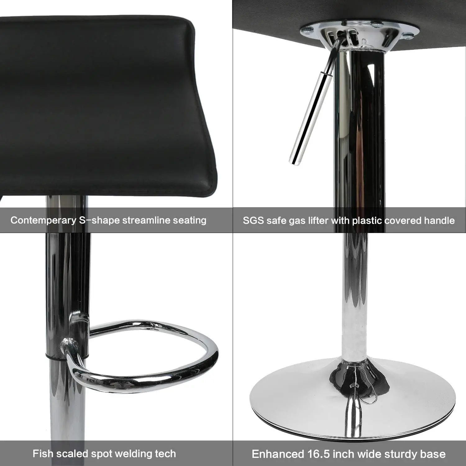 Set of 2 Barstool, Adjustable Swivel Bar Stools with PU Leather and Chrome Base, Gaslift Pub Counter Chairs, Black