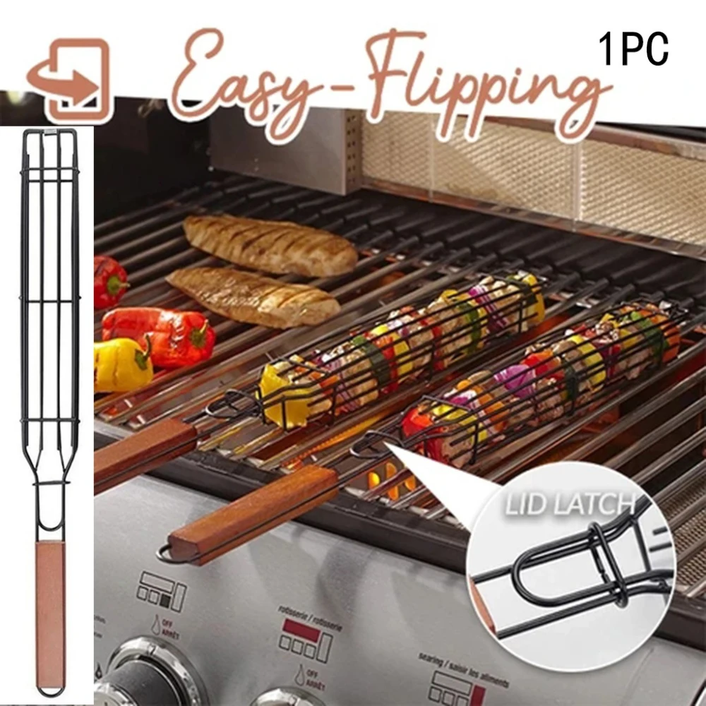 Barbecue Basket Bar Shape Iron And Steel Wire Wood Skewer Portable BBQ Grilling Basket Bar Kabob BBQ Grilling Tools