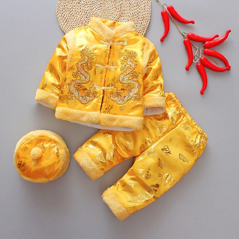 Baby New Year Tang Suit 3Pcs Chinese Traditional Kids Anniversary Costumes 10Colors Cotton Boys Girls Winter Warm chinese traditional costume