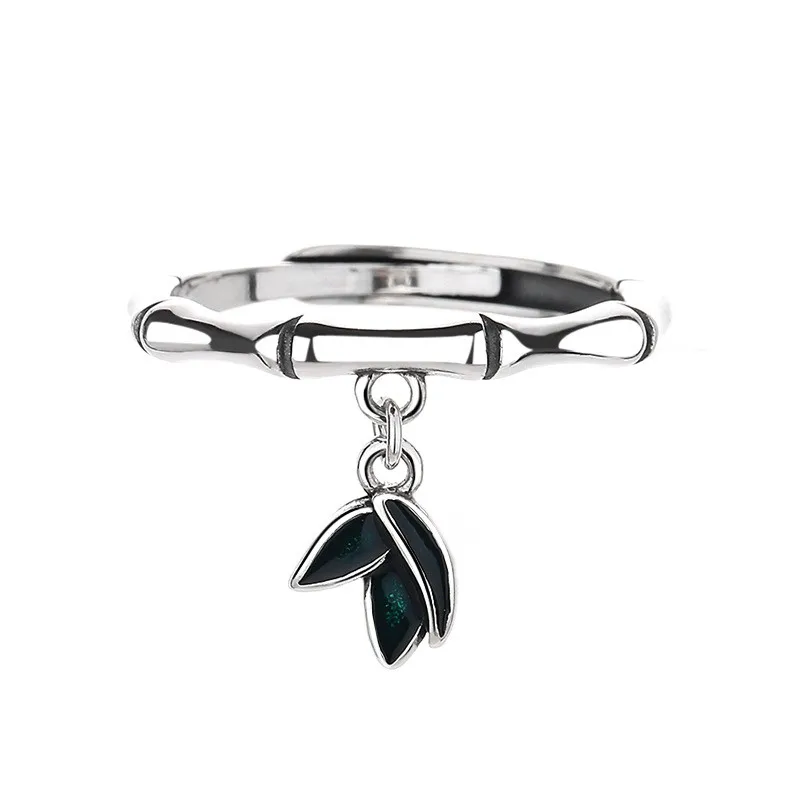 

804JM ZFSILVER Silver S925 Fashion Trendy Adjustable Retro Luxury Bamboo Knot Black Dangle Leaf Ring Women Wedding Jewelry Gifts