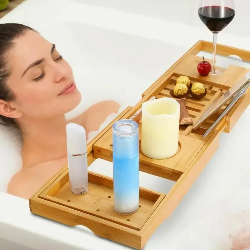 Bathtub Tray Bamboo Bath Tub Rack Bathroom Cloth Tablet Phone Holder Shelf Bamboo Tray Take a Bath Scalable Bathtub Rack