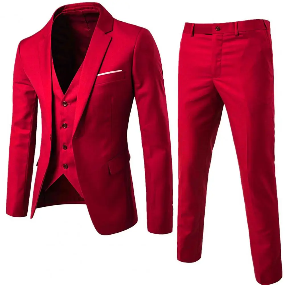 Korean Style Men Blazer Vest Pants Set Casual Business Buttons Cuff Blazer Vest Trousers Men Suit Wedding Groom Formal Suit 2