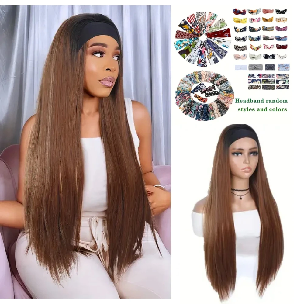 

26inch Brown Long Straight Headband Wig Highlight Wigs Women Natural Hairline Wig 150% Density for Women Extra Free headband