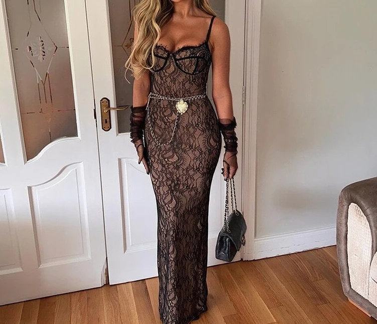 

Summer Fashion New Vintage Personalized Lace Suspended Dress Fashion Dress Long Dress Slim Fit Sexy Dress Women