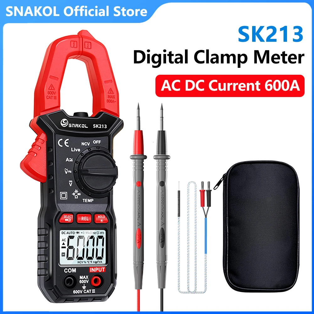 SNAKOL Digital Clamp Meter SK213, 600A AC DC current professional ammeter pliers auto 6000 count multimeter voltage Hz ohm NCV tester
