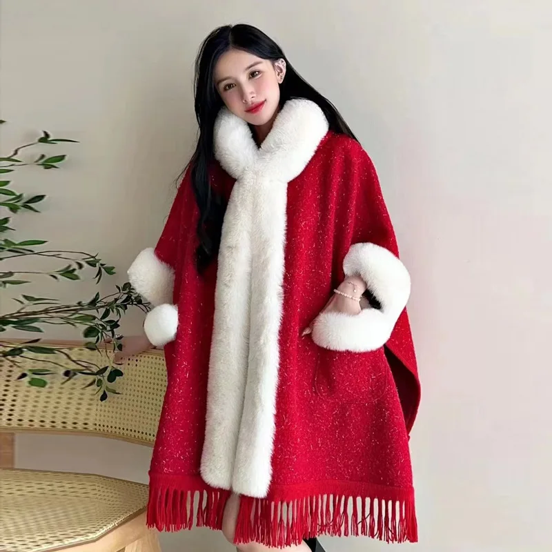 Winter Women Striped Poncho Cape Thicken Granular Velvet Warm Batwing Sleeves Long Cloak Faux Fur Streetwear Overcoat With Hat