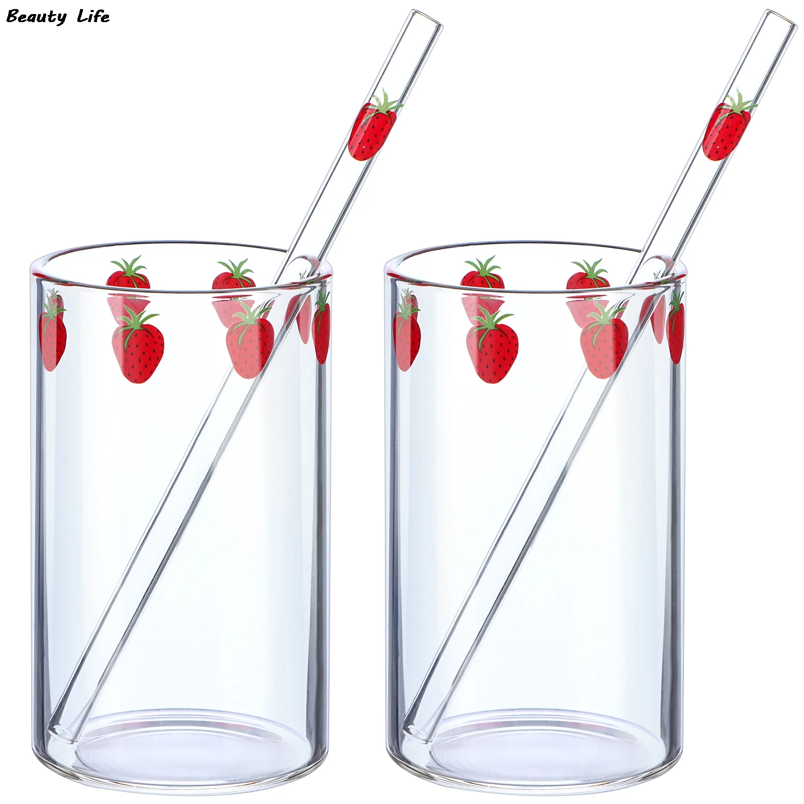 Kawaii Style Mugs Strawberry Glasses Cup Coffee Milk Water Glass Cups with Straws Clear Cute Juice Gifts for Girl Lady Set Ins glass measuring cup,glass cup,glass mug,coffee glass cup,heat resistant coffee glass cup,glass coffee mug,glass tea cup,glass tumbler,glass whiskey cup,glass straw cup