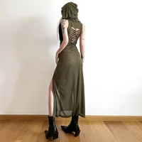Summer 2023 Sexy European And American Style Sleeveless Hooded Dress Long Split Hollow out Pure Color Women's Gown - Image 5