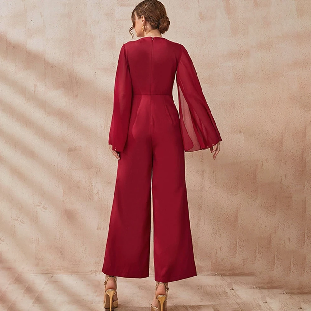 2023 Spring New Women's Fashion Solid Color Trumpet Sleeve Jumpsuit Office Commuting OL Loose High Waist Jumpsuit Female