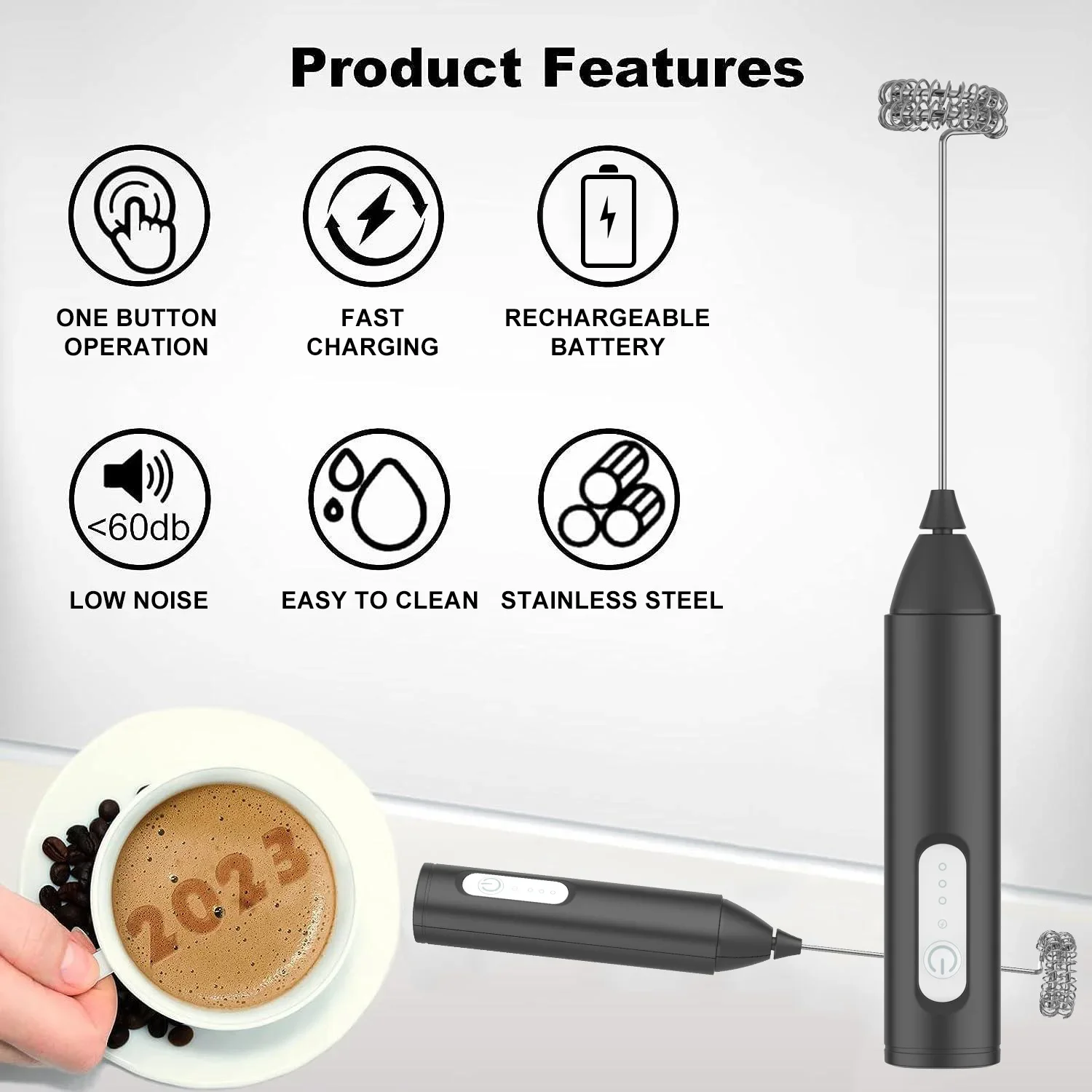 MINI Milk Frother USB Rechargeable 3 Speeds Foam Maker Coffee Whisk Mixer Electric Handle Blender Egg Beater 2
