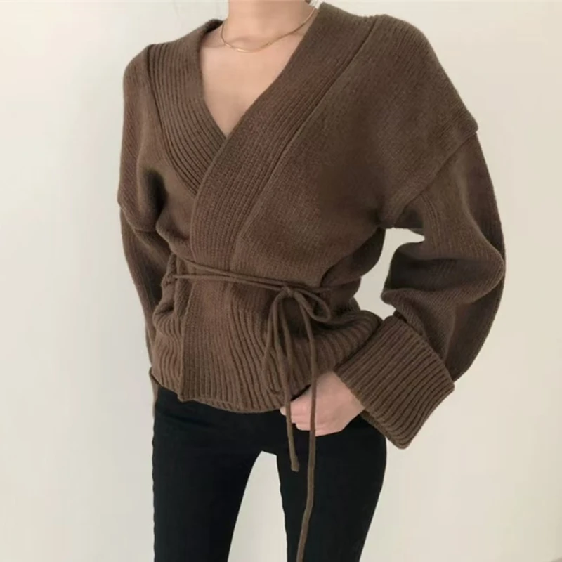 New Autumn and Winter Women's V-neck Knitted Cardigan Women's Long-sleeved Sweater Short Casual Lace-up Jacket