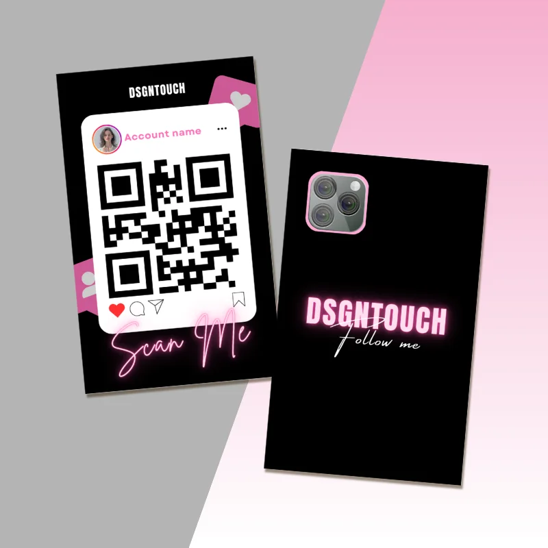 전문가 네트워킹을 위한 QR 명함, 모던한 블랙&핑크 스마트폰 카메라 디자인, 무료 디자인 서비스 제공