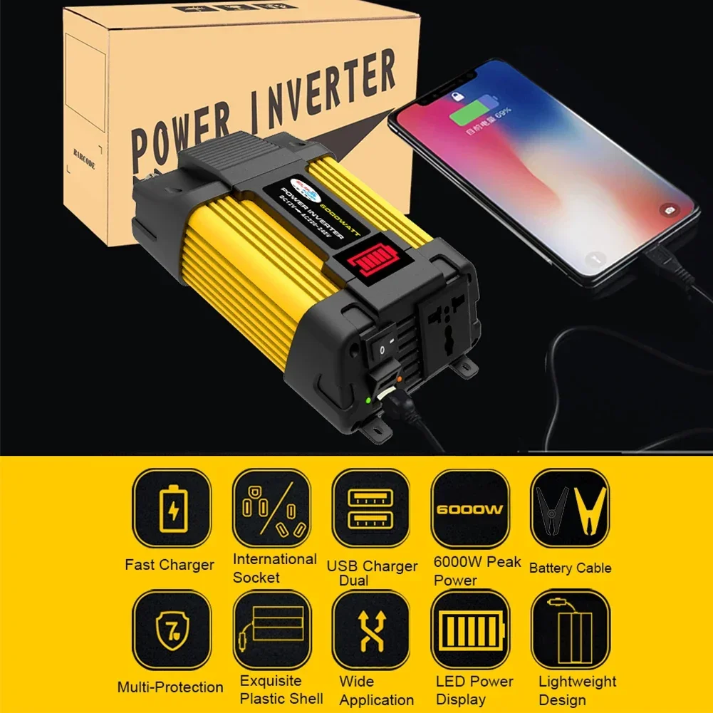 6000W Car Power Inverter LED Voltage Capacity Display Transformer Converter 12V to 110/220V Dual USB Inverter for Car Appliances vehicle inverter car converter inverter car inverter car power converter power inverter