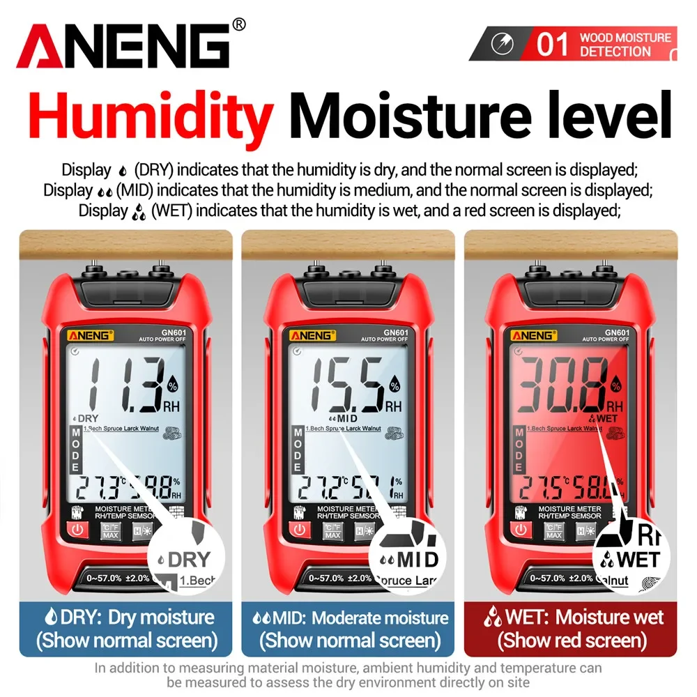Wood Moisture Meter ANENG GN601 Multiscene Measure 0~99.9% Display