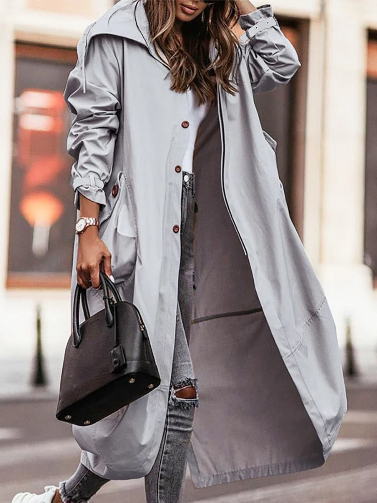 2022 Women Autumn Solid Long Trench Loungewear Pocket Turn-Down Collar Long Sleeve Ladies Cardigan Coat Streetwear Dropshipping