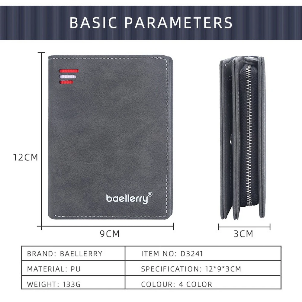 Men's Front Pocket Wallet Slim PU Leather Zipper Closure RFID Protection 10 Card Slots Minimalist