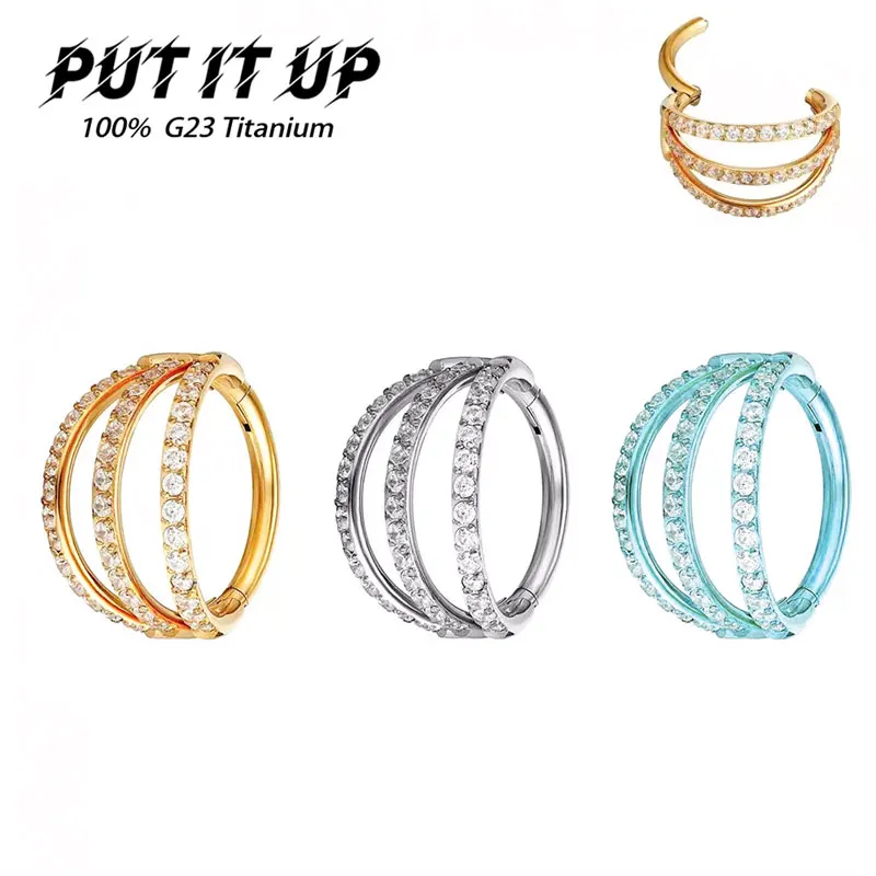 

F136 Titanium Piercing New Ladies Nose Ring 16G Diaphragm Clicker Tragus Conch Piercing Three Layers CZ Luxury Body Jewelry