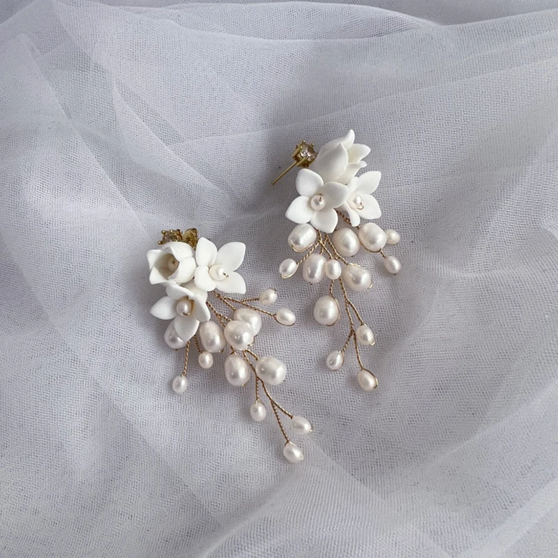 Freshwater Pearls Wedding Bridal Earrings White Porcelain Flower Women Drop Earring Handmade Jewelry 3