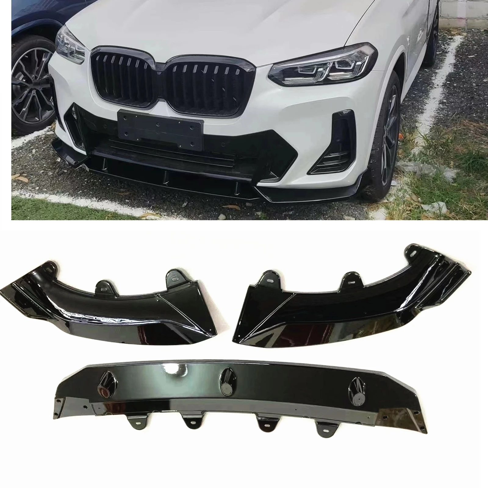 

Передний бампер, спойлер, губа для BMW X3 G01 2021,7-2022 IX3 X4 G02, глянцевый черный/углеродное волокно, защитная пластина, защитный сплиттер, комплект