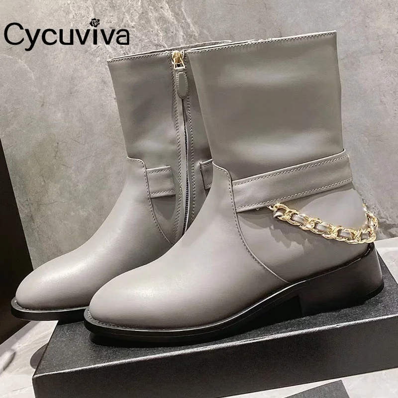

2023 Designer Black Leather Ankle Chelsea Boots For Women Brand Shoes Metal Chain Decor Women Short Boots Autumn Knee High Boots