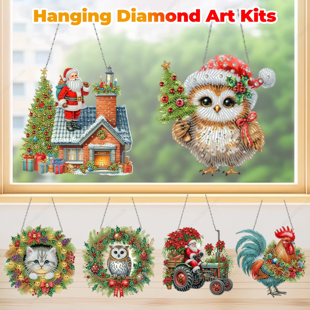 Door Hanging Diamond Art Painting Kits DIY Santa Claus Diamond Painting Welcome Signs Owl Cat Diamond Art Window Ornamen