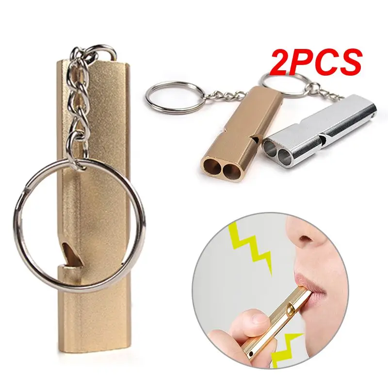 2PCS Aluminum Alloy Whistle Outdoor Hiking Camping Safe Survival Warning Dual-tube Whistle Practical Waterproof Team Sports Tool