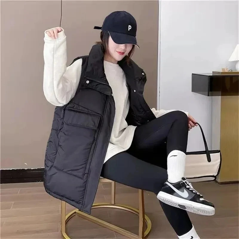 2024 New Women's Vest Jacket Down Cotton Vest Autumn Winter Thicken Loose Long Coat Female Sleeveless Coat Snow Wear Waistcoat