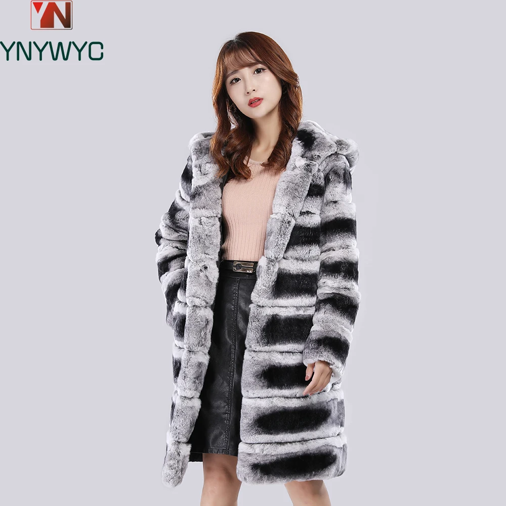 

New Real Fur Coat With Hood Jacket Long Winter Coat Large Fur Hood Rex Rabbit Chinchilla Fur Hooded Jacket Women Real Fur Coat