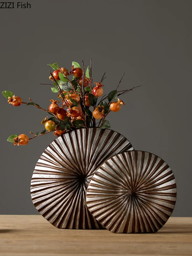 Resin Crafts Flower Arrangement Round Flower Vase Stripe Irregular Bumps Imitation Wood Texture Modern Home Decoration 2