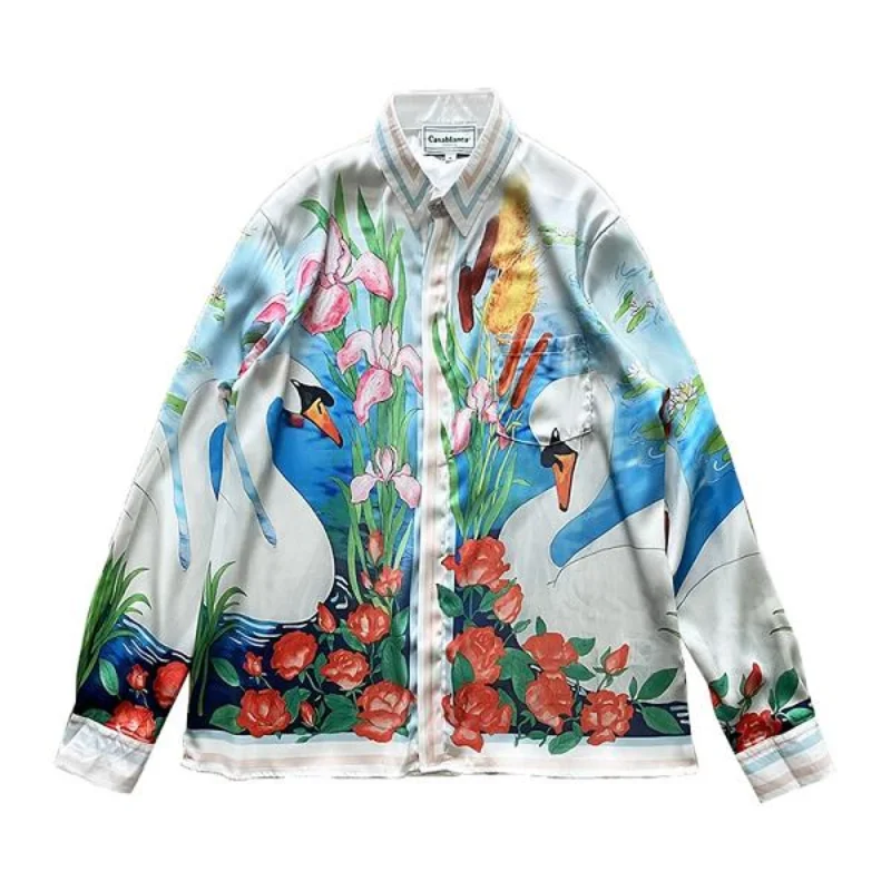 

23SS Flower Swan Boat Print Casablanca T Shirt Long Sleeves Men Women Cool Fabric Casablanca Top Tees Fashion Summer Mon Compte