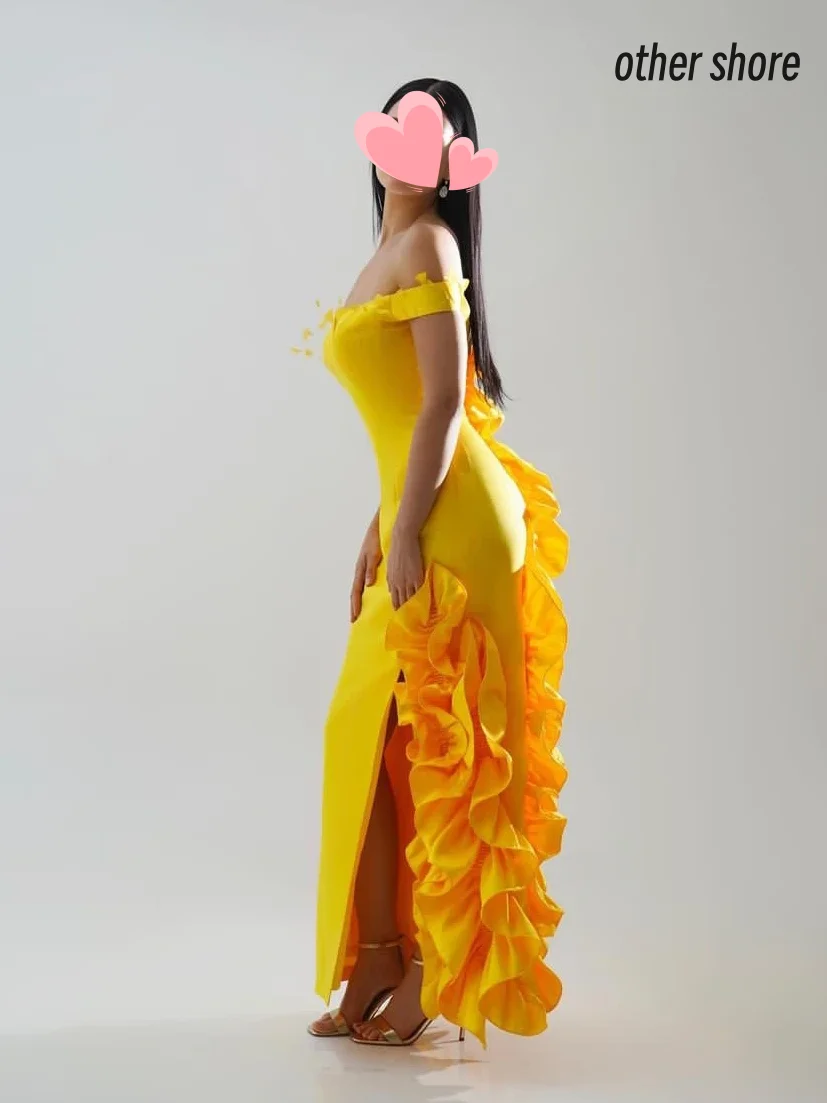 

Other Shore Elegant Vintage Sweet Yellow Feather Ruffle Boat Neck Sexy Customize Formal Occasion Prom Dress Evening Party Gowns