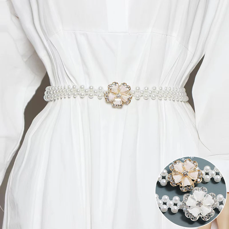 

New Fashion Immitation Pearl Chain Belt Women Lady Elastic Rhinestone Flower Buckle Waist Chains Elegant Dress Skirt Decor Strap