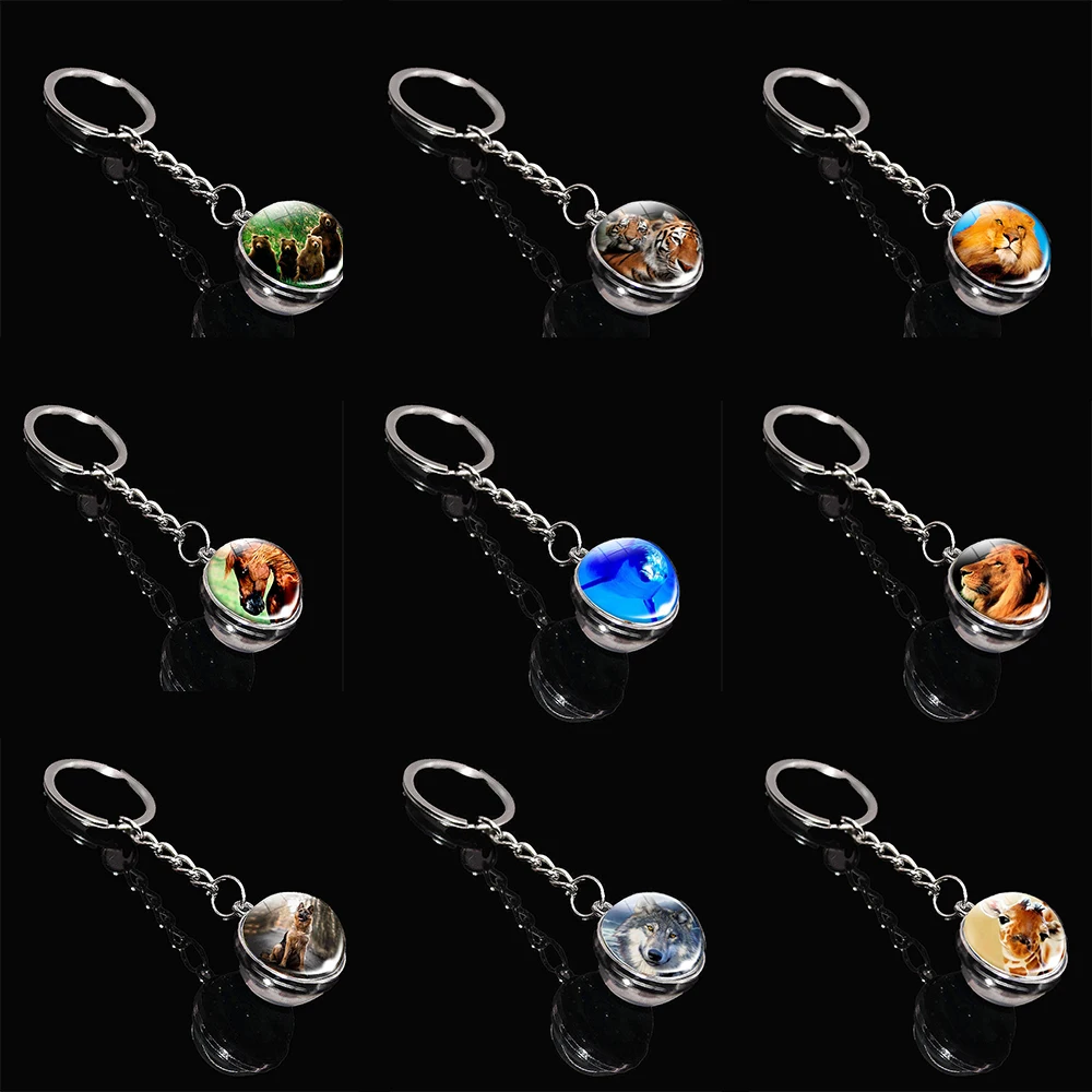 Tiger Wolf Fox Lion Animal Portachiavi Regalo Double Side Horse Moon Glass Ball Portachiavi Portachiavi Glow In The Dark Bag Pendant