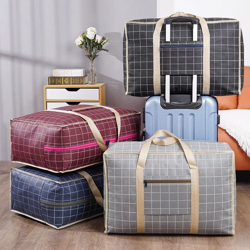 Plaid Storage Bag Foldable Large Capacity Luggage Moving Tote Zipper